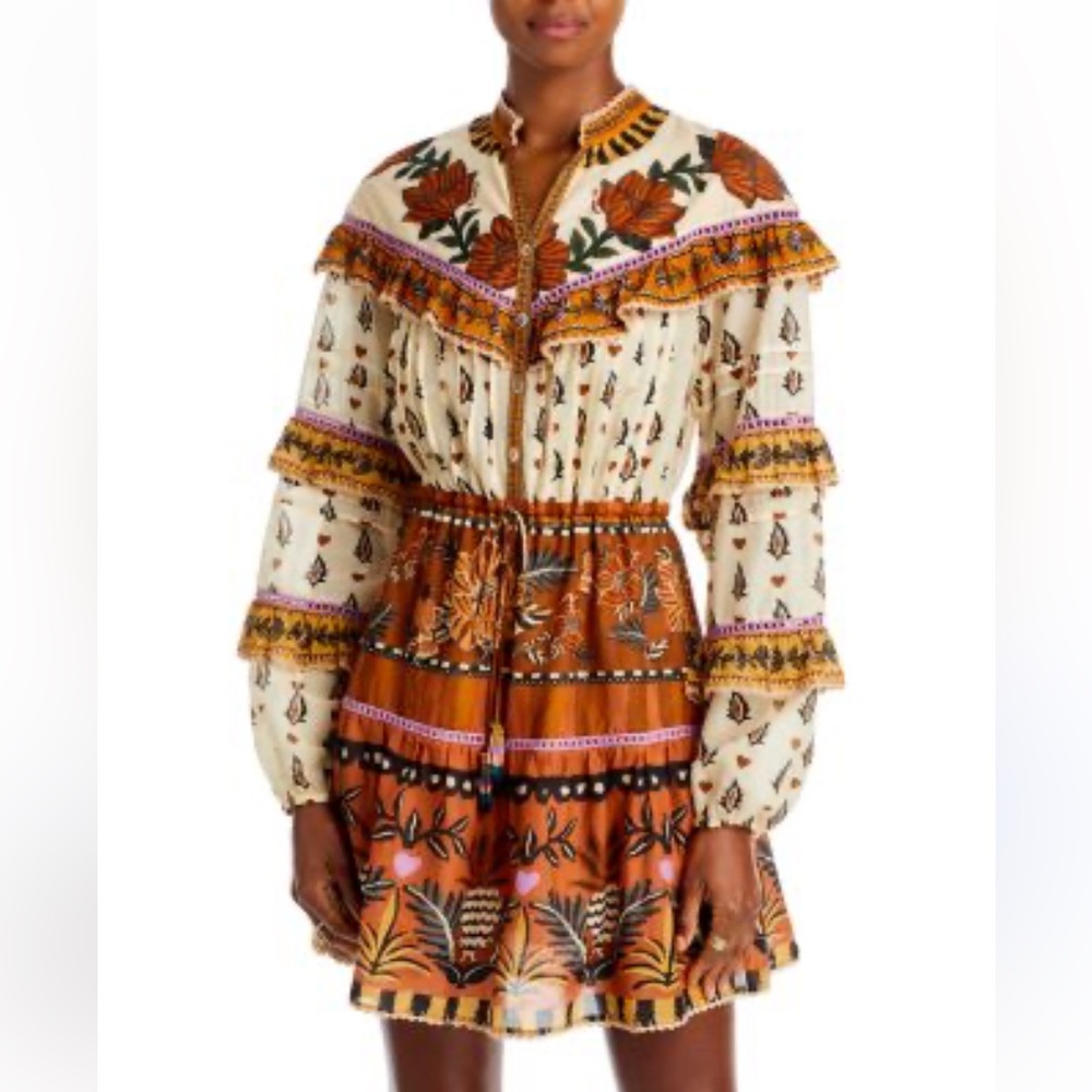Farm Rio Ainika Floral Mini Dress XS Boho Ruffle Long Sleeve Anthropologie